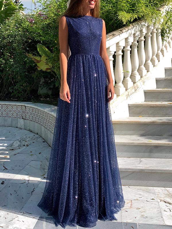 Weitese Dress Simple Long A-line Bateau Sequin Prom Dress